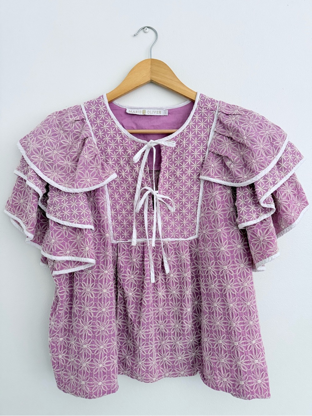 Marie Oliver Lilac Patterned Ruffle Sleeve Top
